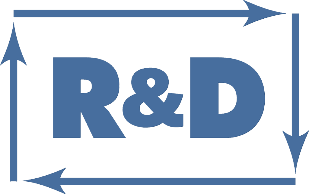 R&D Logo in Buchstaben mit Pfeilen in einem Rechteck